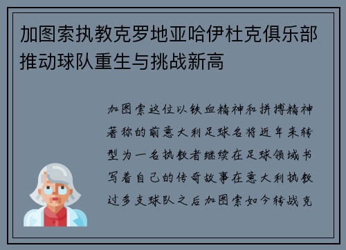 加图索执教克罗地亚哈伊杜克俱乐部推动球队重生与挑战新高