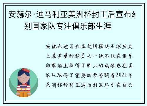 安赫尔·迪马利亚美洲杯封王后宣布告别国家队专注俱乐部生涯 安赫尔·迪马利亚美洲杯封王后宣布告别国家队专注俱乐部生涯