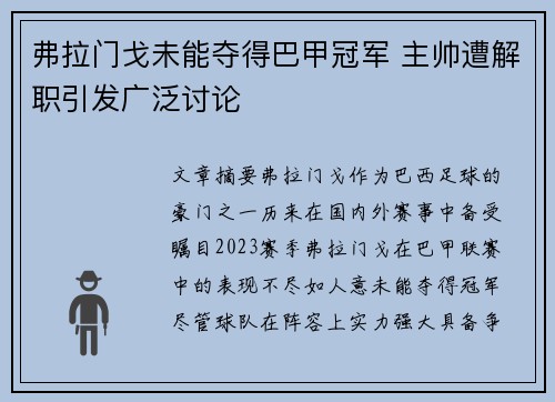 弗拉门戈未能夺得巴甲冠军 主帅遭解职引发广泛讨论 弗拉门戈未能夺得巴甲冠军 主帅遭解职引发广泛讨论